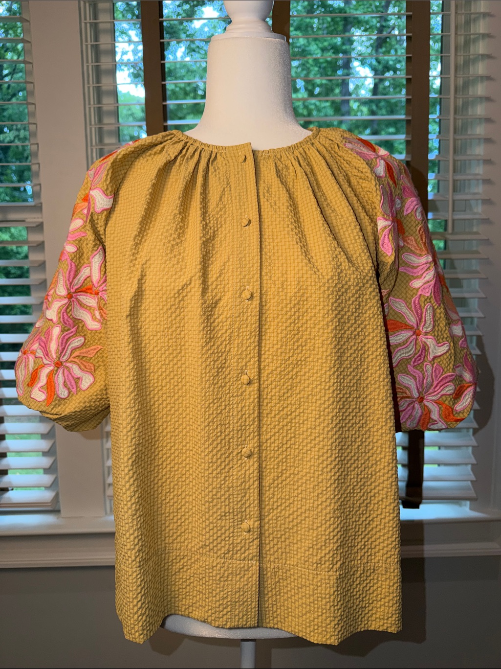 Thml Yellow Textured Button-Front Blouse With Floral Sleeves. Size Small.